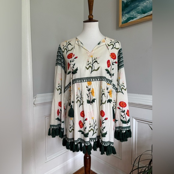RHODE Resort Cream Cotton Floral Boho Tassel Blouse Tunic Top Size Medium - Picture 1 of 10